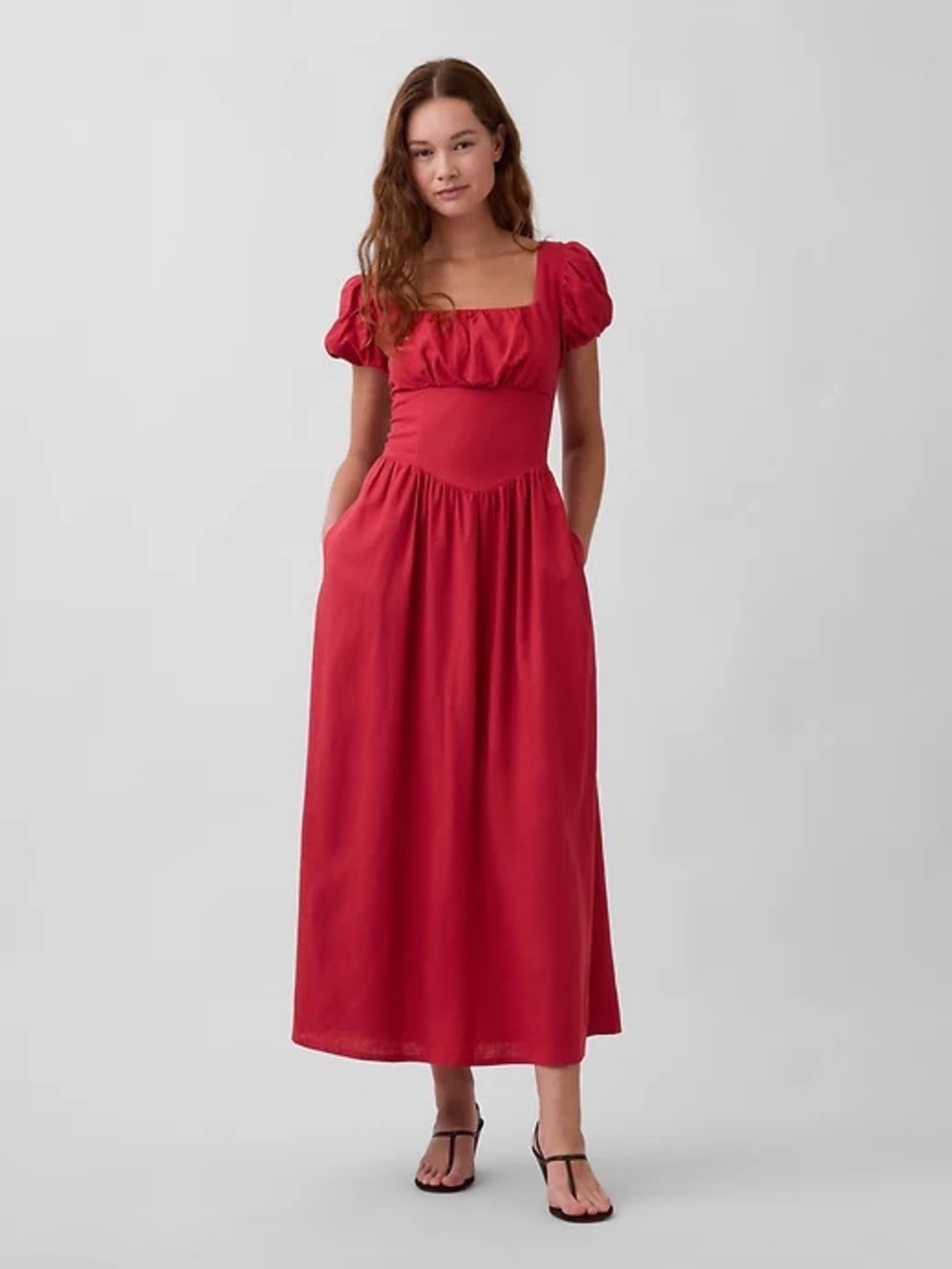 GAP | Linen Blend Red Puff-Sleeve Drop Waist Midi Dress